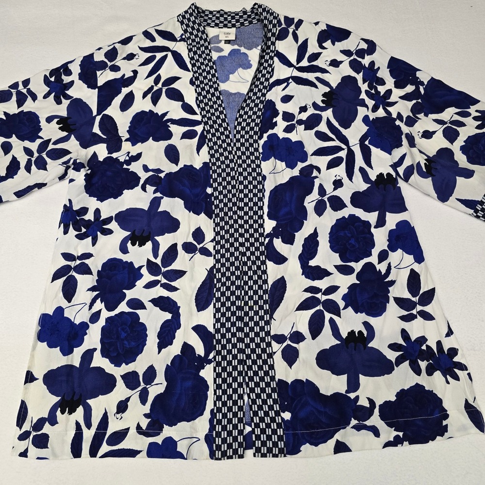 Cabi Blue White Floral Kimono Wrap Jacket Geometric Trim Open Front M/L - Picture 3 of 7